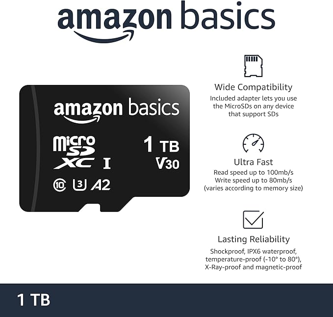 Amazon Basics microSDXC Memory Card with Full Size Adapter, A2, U3, Read Speed up to 100 MB/s, 1 Tb, Black