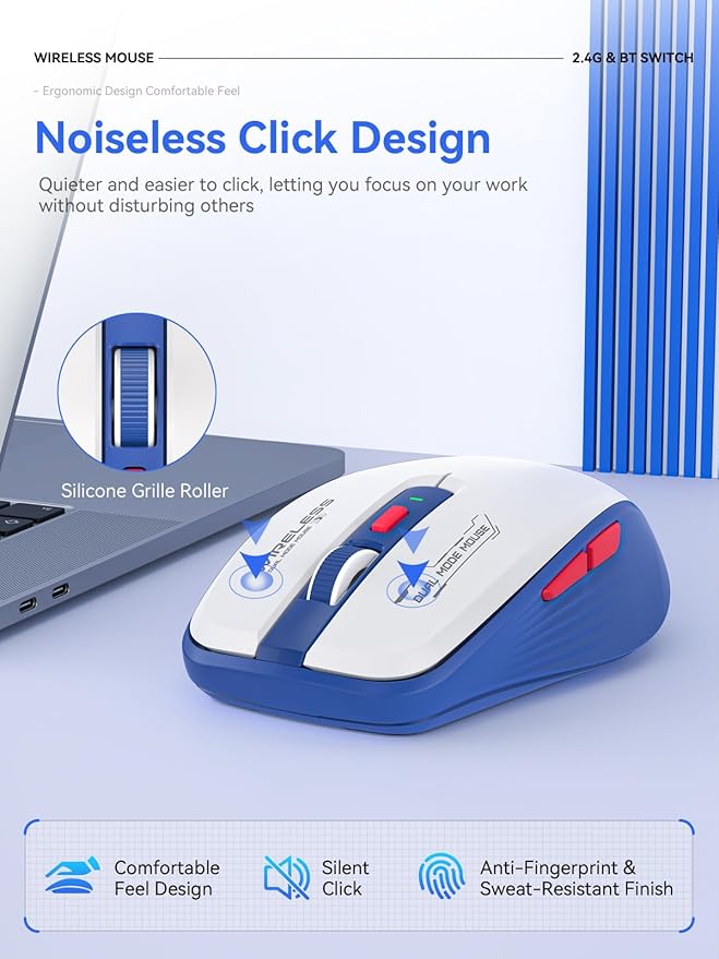 Wireless Mouse (Bluetooth & 2.4GHz USB) with Forward/Backward Side Keys, Silent Click, Ergonomic Portable AA Battery Mice for Laptop/Mac/iPad - Office & Travel Use, White & Blue
