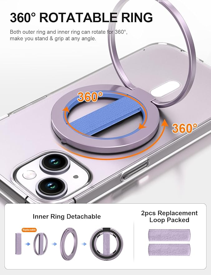 EWA MagOne Ultra Phone Grip Stand with Replaceable Elastic Finger Loop, Removable Magnetic Ring Holder Kickstand Loop, Accessories for iPhone 16, 15, 14, 13 Pro/Max/Plus (Purple)