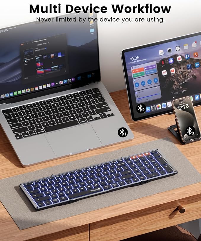 ProtoArc Backlit Foldable Keyboard, XK01 Plus Folding Portable Bluetooth Keyboard for Travel, True Full Size External Wireless Keyboards with Backlight for iPad Tablet Smartphone Laptop PC