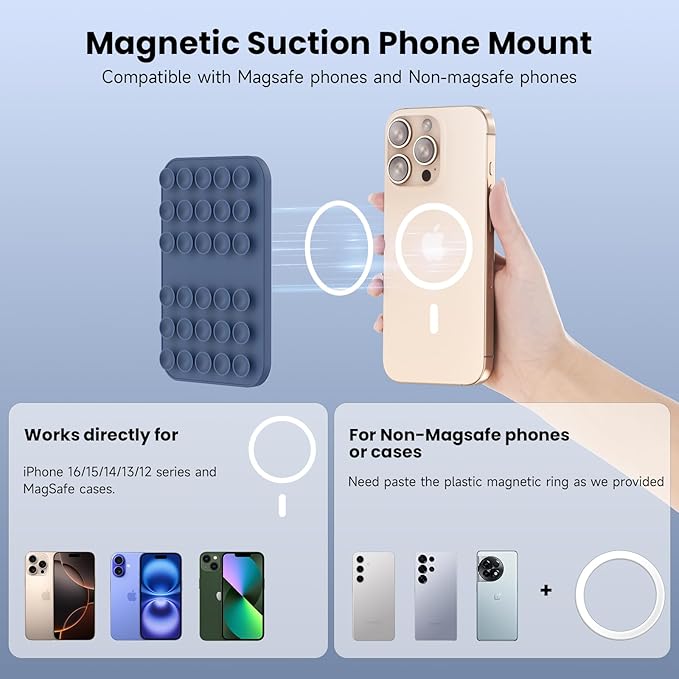 Patented Magnetic Sticky Phone Suction Grip Mount for MagSafe Case,Magnet Silicone Portable Stand Holder for iPhone 16/15/14/13/12 Series and Android, Hands-Free Selfies and Videos,Deep Blue