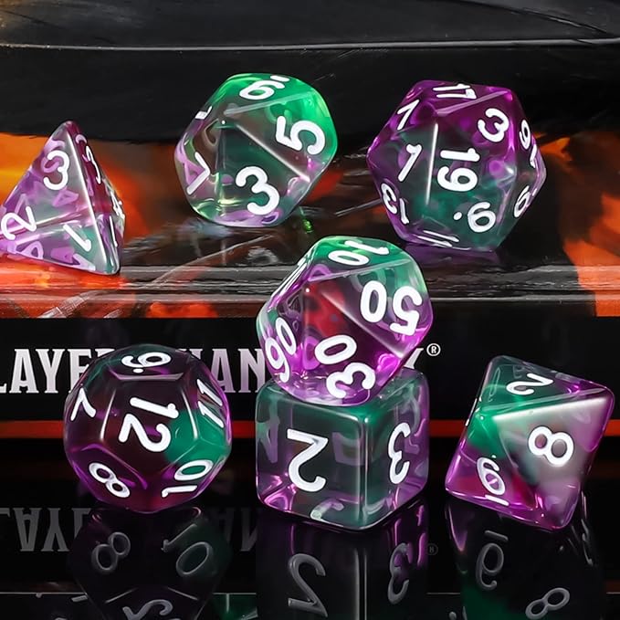 QMAY DND Dice Set -D&D Polyhedral Dice (7 Pcs) for Dungeons and Dragons (Purple Green Transparent)