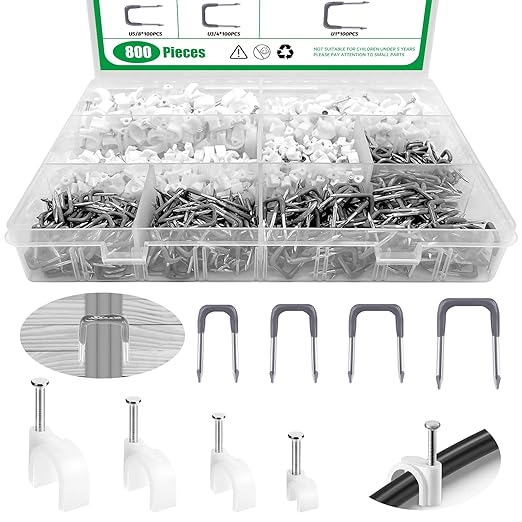 800Pcs 4mm 6mm 8mm 10mm J-Hook Ethernet Cable Nails Wire Clips with Steel Nails and 5/8" 3/4" 1/2" 1" Insulated U Staple Nail for Home Office Business