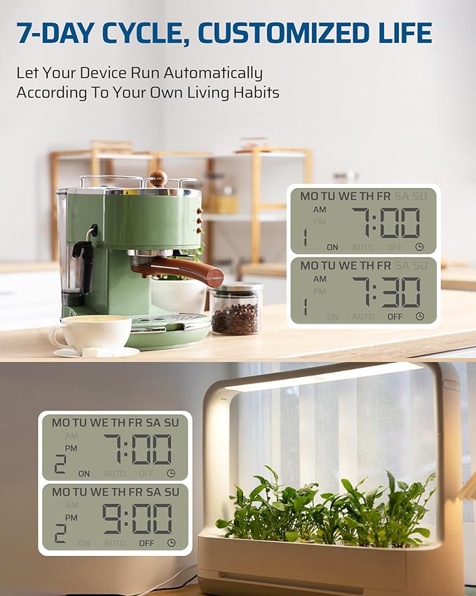 DEWENWILS 7 Day Heavy Duty Timers for Electrical Outlets, Dual Outlet Digital Timer, 3 Prong Programmable Light Timer for Indoor Lamp, Light, Fan, Pets, Home, Kitchen, Office, 125V 60Hz, 1 Pack