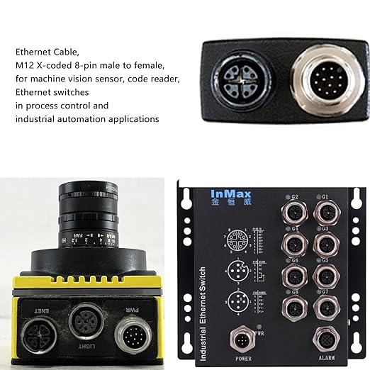 M12 GigE Ethernet Network Cable CAT7e for Cognex Baumer Sensor Barcode Reader Camera Network PC Switch, Right Angle 90-Degree 8 Pin X-Coded to RJ45 50M