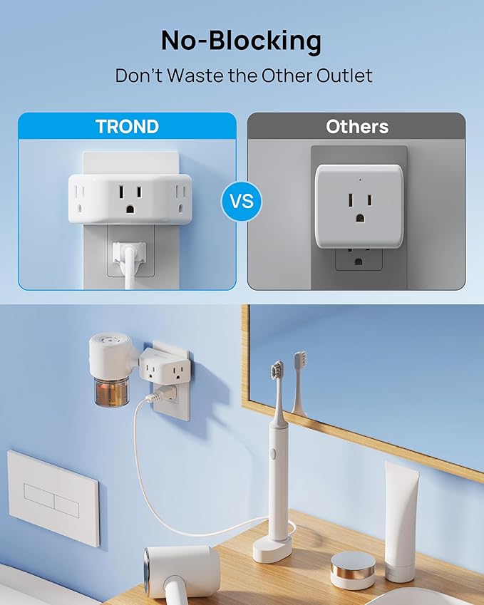 TROND Outlet Extender, 3-Prong Grounded Wall Plug Splitter, 3 Way Angled Outlet Adapter, Cruise Ship Essentials, Plug Expander with 3 Electrical Sockets for Bathroom, Kitchen, White