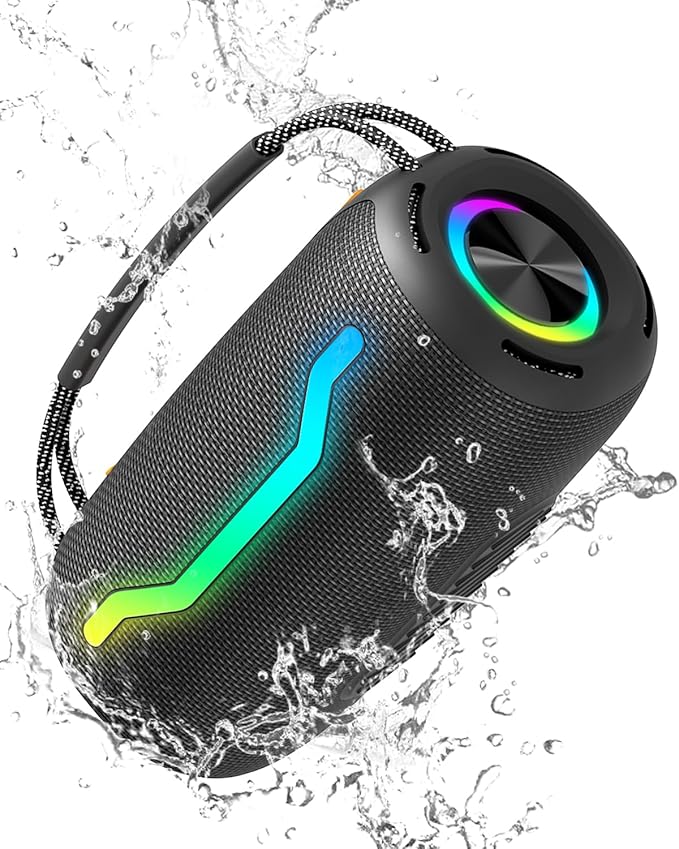 Portable Bluetooth Speaker with Light, Loud Sound and Deep Bass, IPX6 Waterproof, Up to 18H Playtime, TWS Pairing, Support Bluetooth/AUX/USB/TF Card for Home, Party, Outdoor and Travel (Black)
