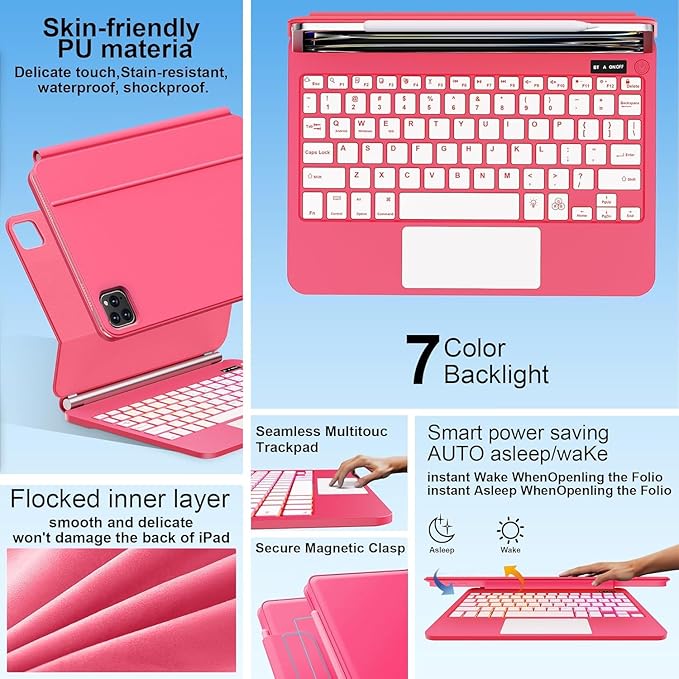 for iPad Pro 13 Inch Case with Keyboard (M4, 2024)，Magic-Style Magnetic – 7 Colors Backlight -Floating Cantilever Stand - Multi-Touch Trackpad Keyboard Case for iPad Pro 13 (Rose Red)