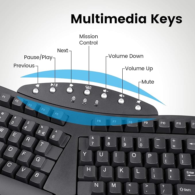 Perixx Periboard-612B Wireless Ergonomic Split Keyboard with Dual Mode 2.4G and Bluetooth Feature, Compatible with Windows 10 and Mac OS X System, Black, US English Layout