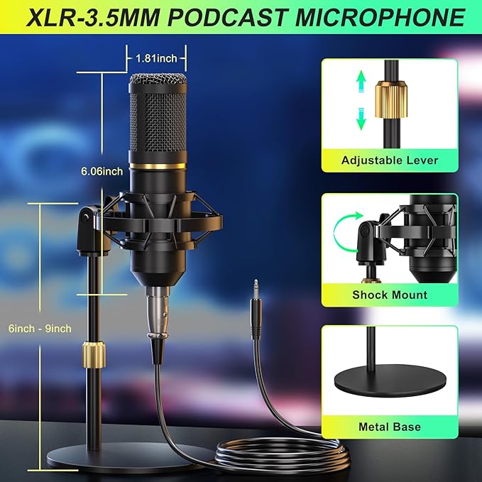 Podcast Microphone Bundle with Live Sound Card Audio Mixer, Podcast Equipment Bundle Sound Board with 3.5mm Condenser Microphone for Pc/Phone Live Streaming Singing Gaming,Voice Changer, Denoise