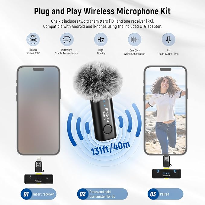 NEEWER PA048 Vlogging Kit for iPhone Android Podcast YouTube with RGB LED Light/KM23 Wireless Microphone System/Selfie Stick Phone Tripod/Cleaning Cloth, Content Creator Essentials