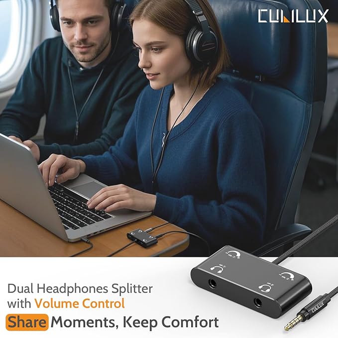 Cubilux Headphone Splitter with Volume Control, 3.5mm Dual Earphones Connector, 1/8 Double Audio Jack Adapter for 2 People, Music Share Adapter for Plane, Train Travel