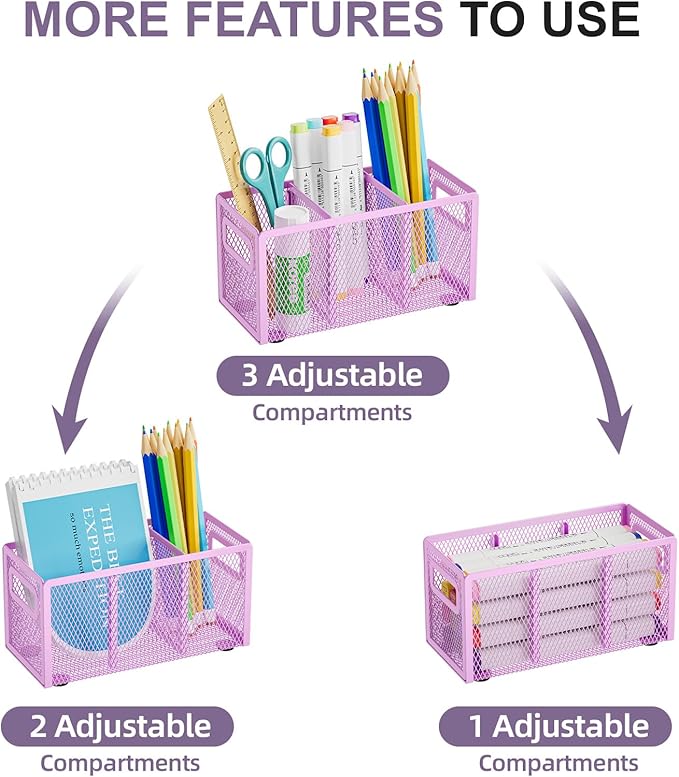 Marbrasse Mesh Pen Holder for Desk,Pencil Holder Desk Organizer 3 Adjustable Compartments,Pencil Cup with Handle Perfect for Classroom, Office, Home,Makeup,Art (Purple)