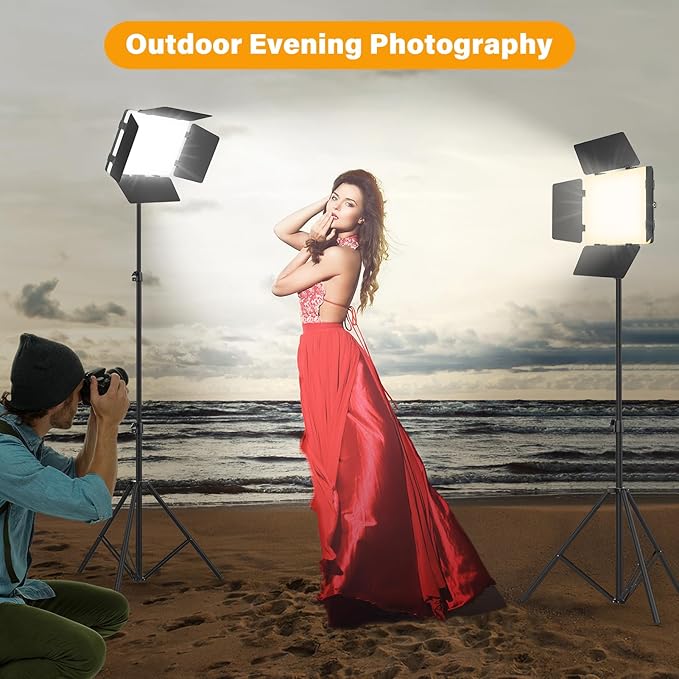 2 Pack Led Video Light Panel Light with Barndoor, 8000mAh Rechargeable Camera Light with 79'' Stand, Photo Studio Lighting kit for Video Recording Live Streaming Outdoor Indoor Photography