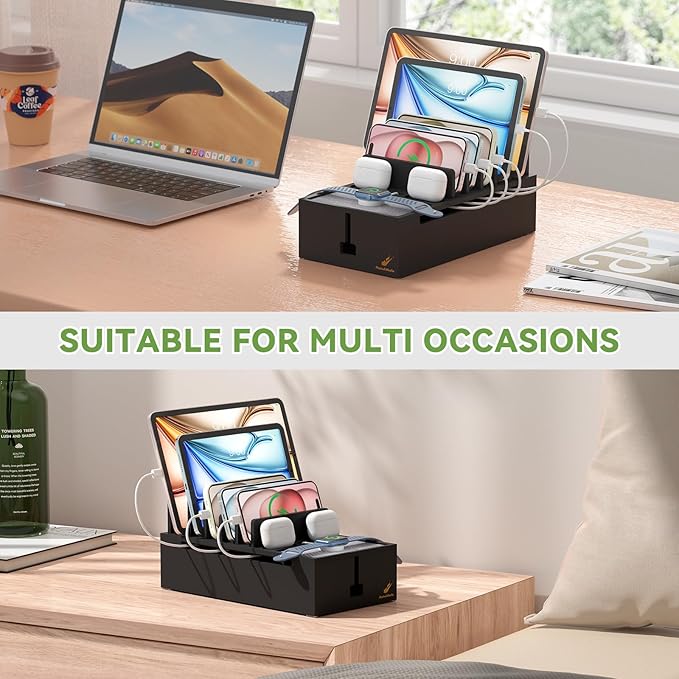 Pezin & Hulin Natural Bamboo Cable Management Box, Wire Organizers for Cords, Charge Station Box, Desktop Dock Organizer Rack for Electronic Device (Include 6 Cables)(No Power Adapter) -Black