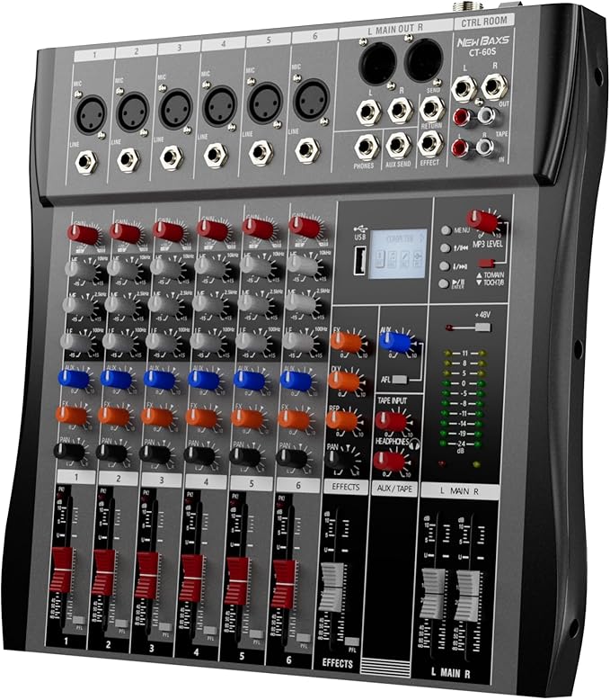 Professional DJ Audio Mixer - NEW BAXS 6 Channel DJ Bluetooth Controller Sound Mixer,USB Interface,6 XLR Mic/Line Input,AUX,FX Processor MP3 Player,+48V Phantom For Karaoke Studio Streaming Recording
