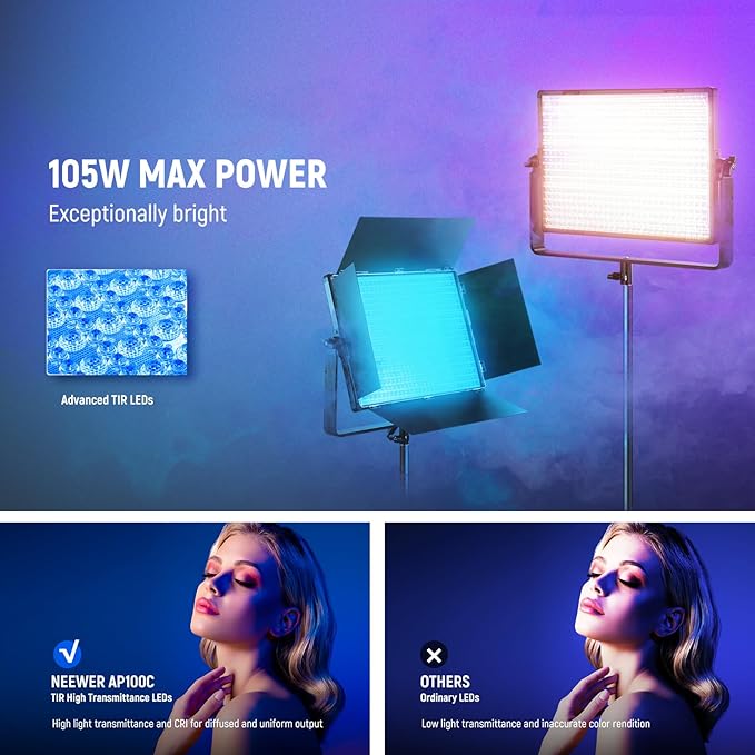 NEEWER 105W RGB LED Panel Video Light Kit with Barn Doors, 1200 LEDs 31500Lux/0.5m 2500K-10000K CRI96+/TLCI97+ Dimmable, APP/2.4G/Panel/DMX Control, Studio Photography Video Recording Lighting, AP100C