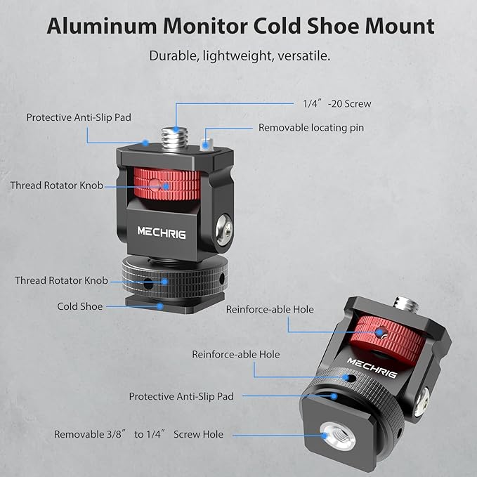 Mini Camera Monitor Mount with Cold Shoe, Aluminum Cold Shoe Mount Adapter with 1/4″ Screw for Monitor LED Light Mic, Field Monitor Holder 360° Swivel & 180° Tilt Damping (Without Knob 63143)