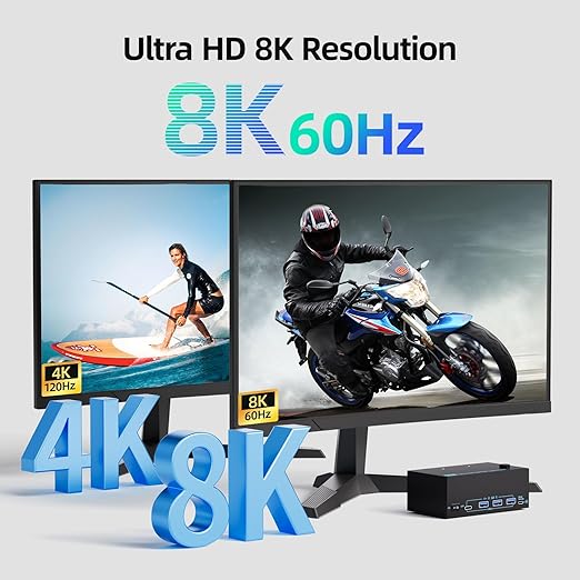 KVM Switch 3 Monitors 2 Computers 8K@60Hz/4K@120Hz, HDMI KVM Switches for 2 PC Sharing Triple Monitor and Keyboard Mouse with Power Adapter, Wired Extend Controller and USB3.0 Cables