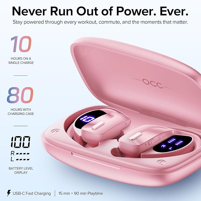 OCC Wireless Ear Hook Sport Earbuds, Bluetooth Headphones with Mic, IPX5 Waterproof, 80H Playtime Earphones, Pink