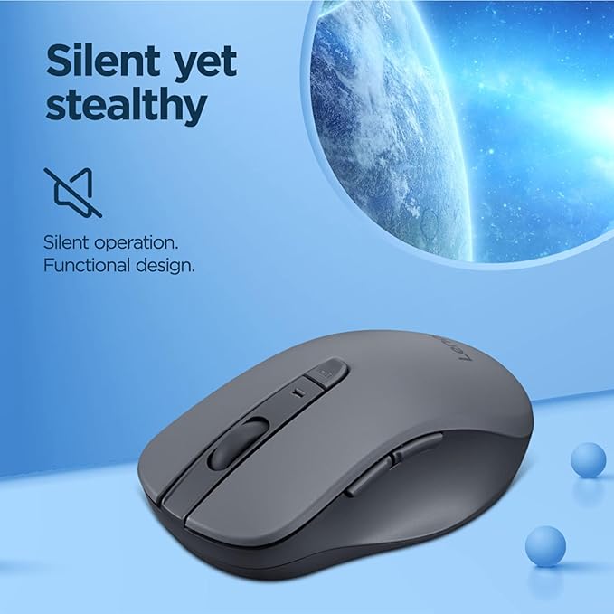 Lenovo WL310 Bluetooth Silent Mouse, Ergonomic, Adjustable DPI, Silent Clicks, Bluetooth 5.0, Portable for Windows, Mac, and Chromebook, Grey