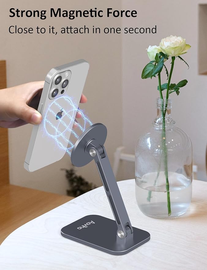 Magnetic Phone Stand for MagSafe Adjustable - Aluminum Portable Phone Holder for Desk with 360° Rotating Head Compatible with iPhone 16/15/14/13/12 Pro Max and Magnetic Phone Case, Grey