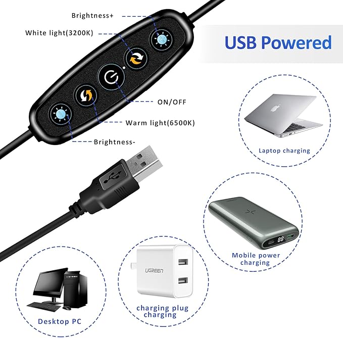 Video Conference Lighting Kit， Clip on Light Reading Lights， Ring Light, 360 ° Flexible Gooseneck Bed Night Light ，Computer Laptop Video Conferencing