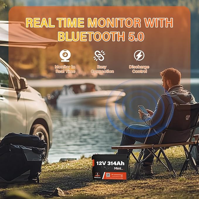 12V 300Ah (314Ah) LiFePO4 Lithium Battery Bluetooth MINI, Max. 4190Wh Energy, EV A+ Cells, Built-in 100A BMS, 15000 Deep Cycles Batterys for RV, Marine, Solar