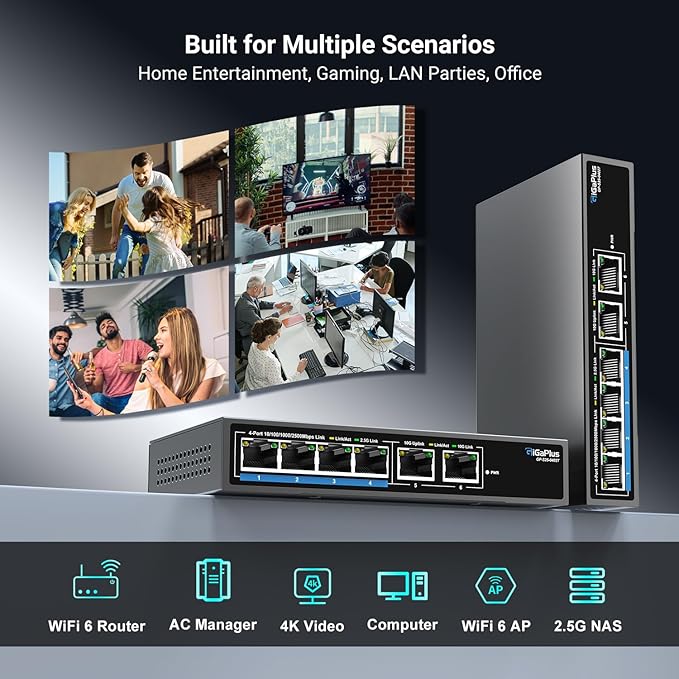 6 Ports 10Gb Unmanaged Ethernet Switch with 4*2.5G Base-T Ports, 2*10G RJ45 Ports. 60Gbps Switching Capacity, GiGaPlus 10Gbps Network Switch for 2.5G/10Gbps NAS/PC, WiFi6 Router, Wireless AP