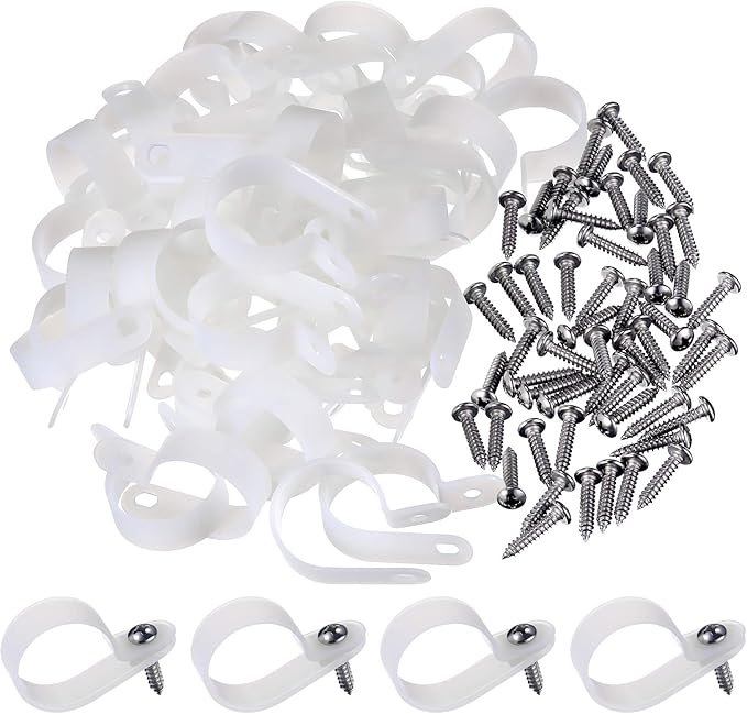 Hicarer 50 Pack R-Type Cable Clip Wire Clamp, Nylon Screw Mounting Cord Fastener Clips with 50 Pack Screws for Wire Management (White, 1 Inch)