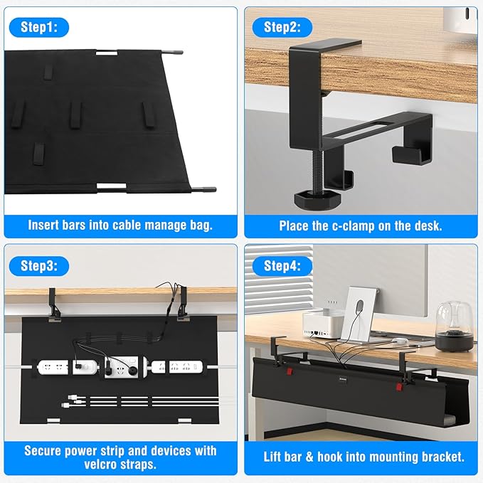 No Drill Under Desk Cable Management Tray, 36" Cord Management Tray with Cable Loop, Upgraded Oxford Fabric Wire Management for Standing Desk - No Damage to Table