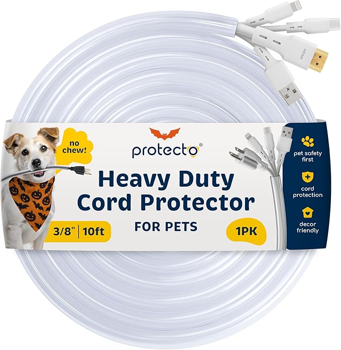 PROTECTO Heavy Duty Cord Protectors from Pets No Chew Solution, 10ft Easy to Use Dog & Cat Cord Protector, Clear & Odorless Critter Cord Covers for Pets, Power Audio & Video Wire Protector Tubing