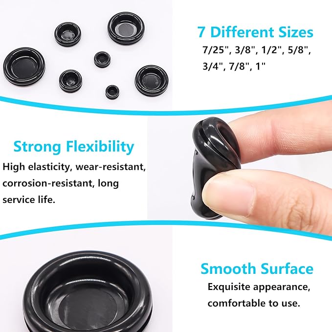 Rubber Grommet Kit Closed Firewall Grommet 7 Sizes 7/25" 3/8" 1/2" 5/8" 3/4" 7/8" 1" Rubber Hole Plug Rubber Grommets for Wiring (188Pcs)