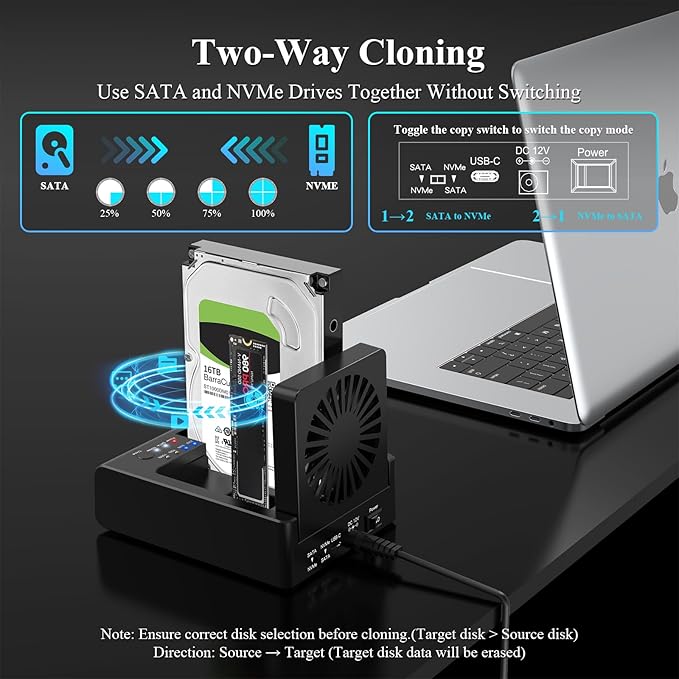 M.2 NVMe & SATA HDD Docking Station,10Gbps USB3.2 Gen2 SSD Cloner for M.2 NVMe SSD + SATA 2.5”/3.5” HDD Converter, Offline Cloning, Tool-Free, Cooling Fan