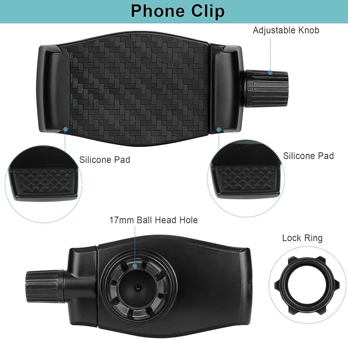 iPhone Mount for Desk/Table/Rod/Kitchen Cabinet,360°Adjustable Aluminum Alloy Phone Stand,Clip Holder Compatible with 3.5~7.5" iPhone/Nexus/HTC/Huawei/Smartphone
