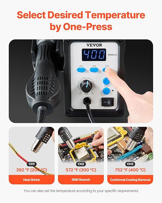 VEVOR Hot Air Rework Station, 700W Digital Display SMD Rework Station, 212℉-932℉ Hot Air Gun with Adjustable Airflow, 3 Pre-Set Channels & ℃/℉ Conversion for Chip Dismantling, Electronics Repair