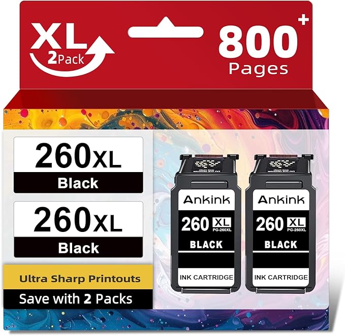 Ankink Compatible Ink Cartridge Replacement for Canon 260 260XL PG260 XL PG 260 Black Cartridges for Cannon TR7020a TR7022 TS6400 TS6420 TS6420a TS5300 TS5320 All in One Printer (2 Black)