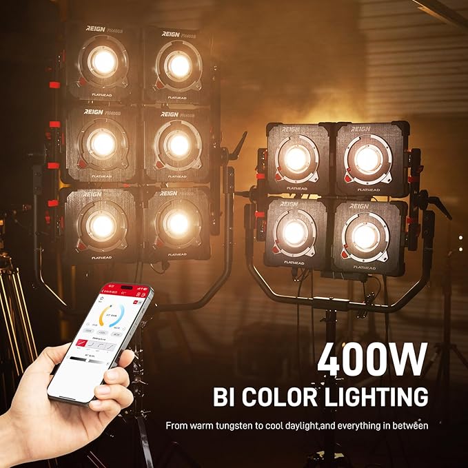 GVM 400W Bi-Color Video Light with 2700–6800K Range Delivers up to 68700lux/1m Studio Lights Photography Lighting Flathead Design Supports Stackable 4-6 Light arrays for scalable high-Output Systems