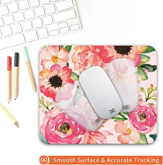 Square Mouse Pad Pink Watercolor Flower, Personalized Premium-Textured Custom Mouse Mat Design, Washable Mousepad Cloth, Non-Slip Rubber Base Computer Mouse Pads for Wireless Mouse