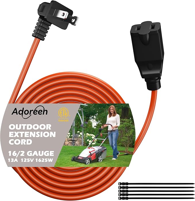 90 Degree 2 Prong Polarized Outdoor Power Extension Cord 75 FT, Angled Low-Profile Plug, 16 Gauge 125V SJTW Waterproof Long Cable for Home Office Lawnmower Garden Tools Lights, ETL+Ties-Bright Orange