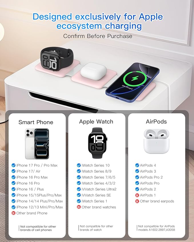 Charging Station for Apple Multiple Devices: 3 in 1 Foldable Magnetic Wireless Charger Stand - Travel Charging Dock Compatible with iPhone 16 15 14 13 12 Pro Max Plus Apple Watch AirPods