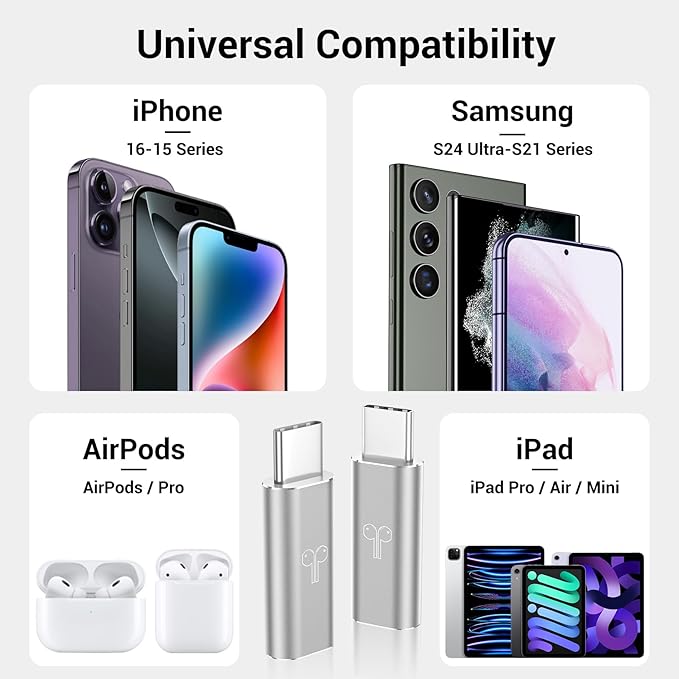 Temdan 2 Pack Lightning to USB C Adapter for iPhone 15/16 Pro/Pro Max/Plus, Support Audio/OTG Adapter, Type C Charger Connector Cable, Silver