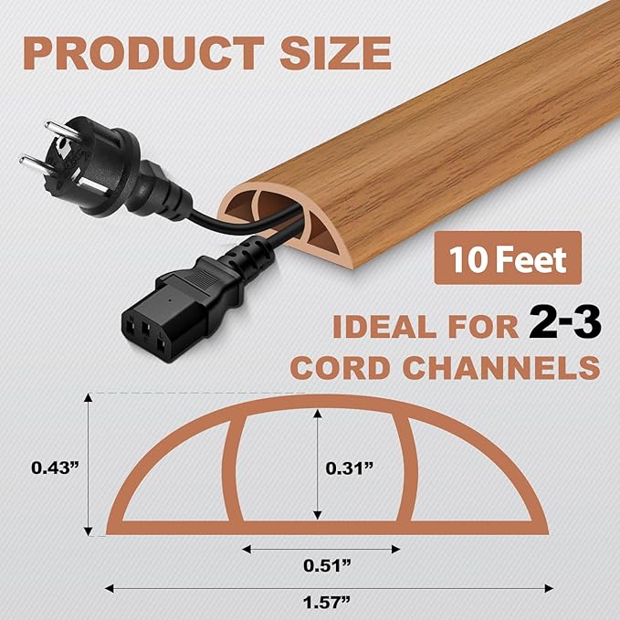 Floor Cord Cover for Wires on Floor Self Adhesive Cord Hider Floor Cable Management Wire Covers for Cords Protector Prevent Cable Trips Cord Cavity W 0.51" x H 0.31", Brown Wood, 10Ft