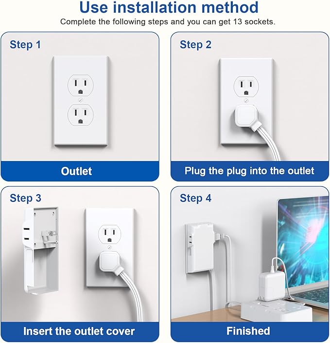 Power Strip Surge Protector with Outlet Cover, 6 AC Outlets Surge Protection, 4 USB Ports, 5ft Extension Cord, Wall Mount Flat Plug for Indoor Home Office Kitchen, White