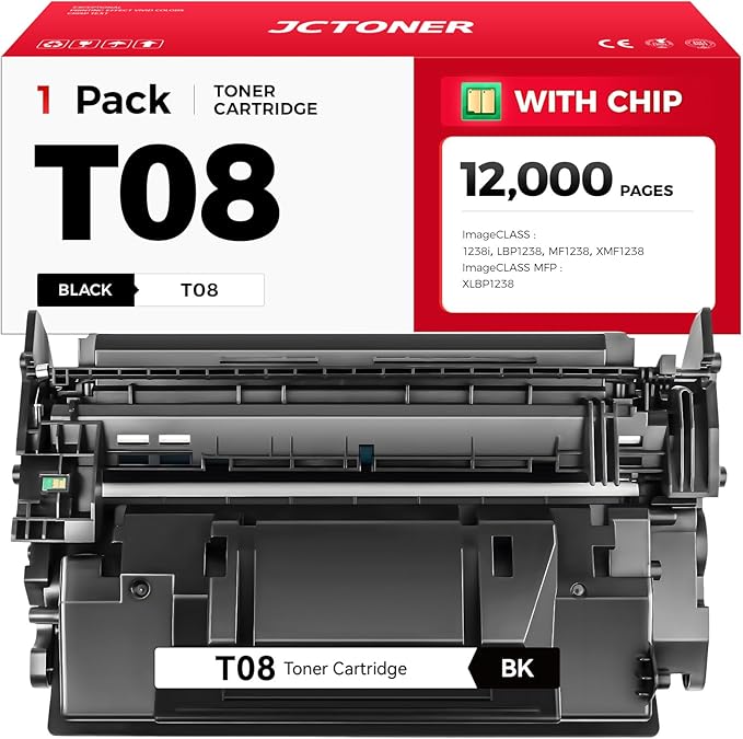 T08 T08L Black High Capacity Toner Cartridge 1-Pack with chip Replacement for Canon T08 T08L 3010C005AA Toner Compatible for ImageCLASS 1238i LBP1238 MF1238 XMF1238 MFP XLBP1238 Printer Ink All-in-One