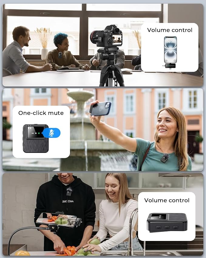 3-in-1 Mini Microphone for iPhone, Android, Camera - 328ft Long Range, 20H Battery Life, Wireless Microphones, Lapel Mic with AI Noise Reduction for Video Recording, YouTube, TikTok