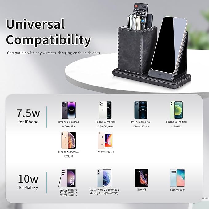 Wireless Charger with Desk Organizer, Wireless Charging Station for iPhone 13/13 Pro Max/13 Pro/12 Series/11/XS Max/XR/X/8Plus/SE 2, Wireless Charging Stand with Leather… (Gray)