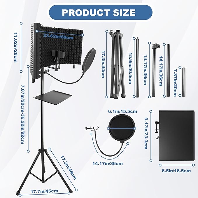Studio Microphone Stand with Isolation Shield & Pop Filter,5-Sided Tri-Layer microphone isolation shield,Studio Boom Arm Tripod for Crystal Clear Recording,Podcasting,Streaming,Home Studio Equipment