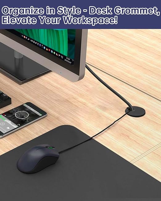 Desk Grommet & Cable Grommet 1-3/8 Inch (10 Pack) - Black Cord Hole Cover with Hole Cutter - Cable Management Kit for Office Desk, TV Stand, Workstation - Hide Wires Behind Wall, Cable Pass Through
