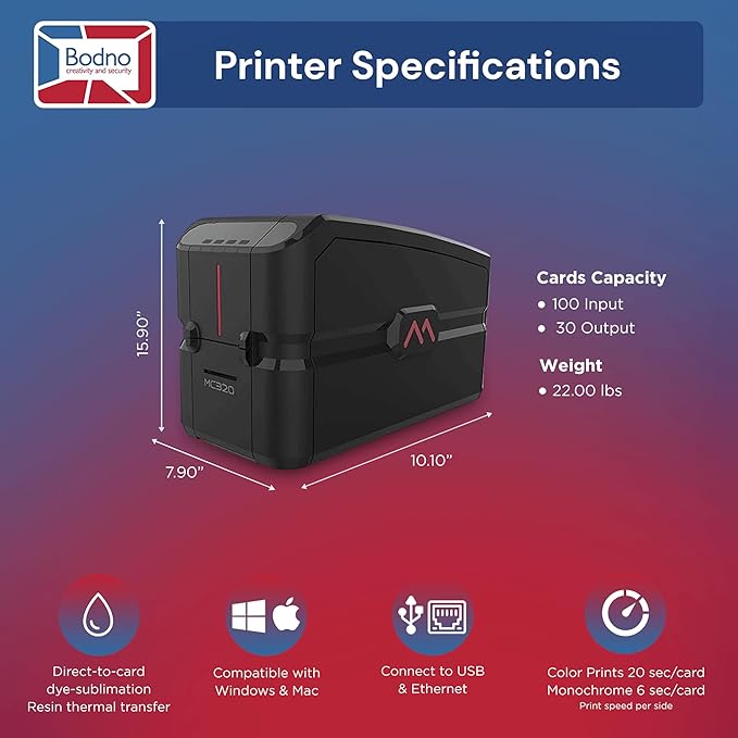 Bodno Matica MC320 Direct-to-Card Dual Sided ID Card Printer & Complete Supplies Package Bronze Edition ID Software